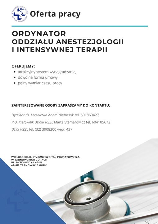 Oferta pracy – Ordynator Oddziału Anestezjologii i Intensywnej Terapii.